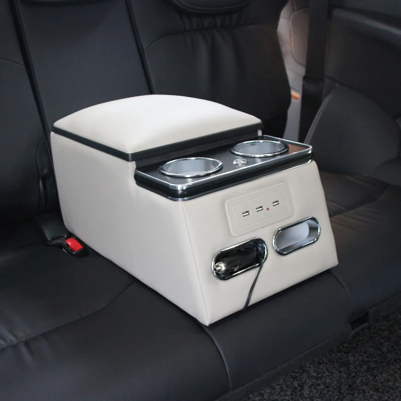 Leather Car Armrest Box Rear Center Console Storage Box With Cup Holders Universal Custom Fit