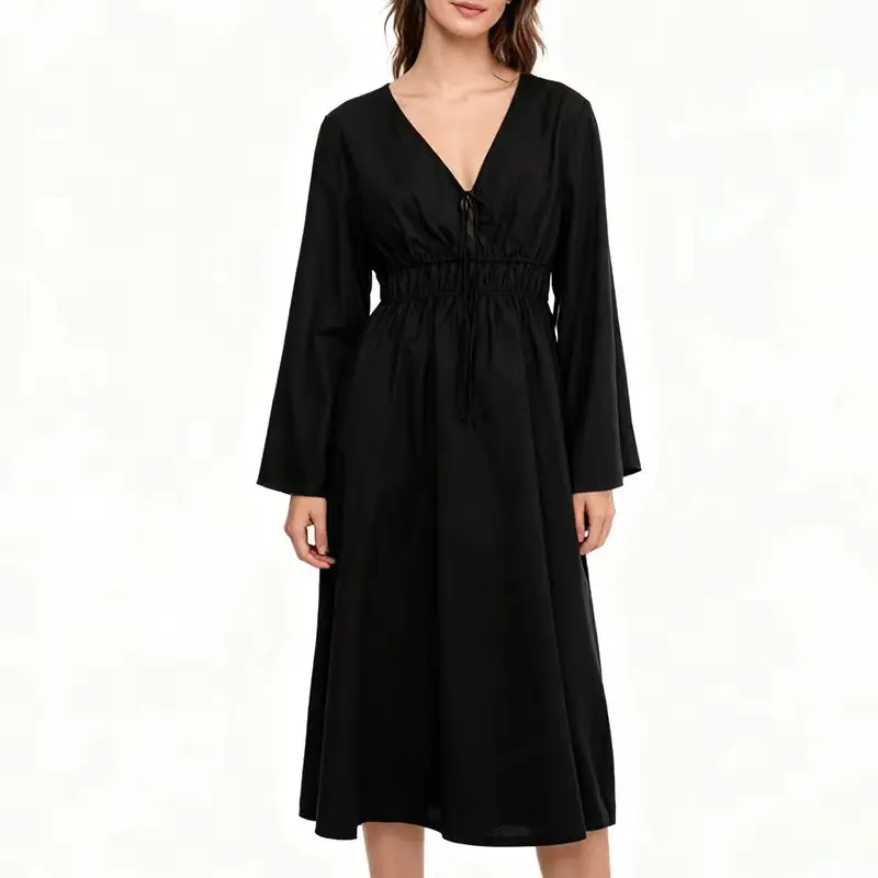 レディース タイ コットンリネン フロントカフタンワンピース 春新作 フレア ロングスリーブ ゴムウエスト ゆったりフィット バケーションワンピース