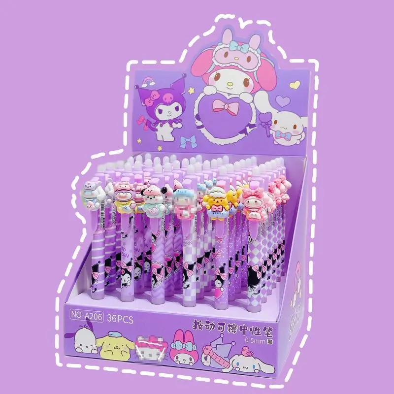 Sanrio 36pcs Gel Pen Girl Resin Three-dimensional Cartoon Kuromi Pochacco Erasable Pen Blue 0.5 Student Practice Pen Girl Gift