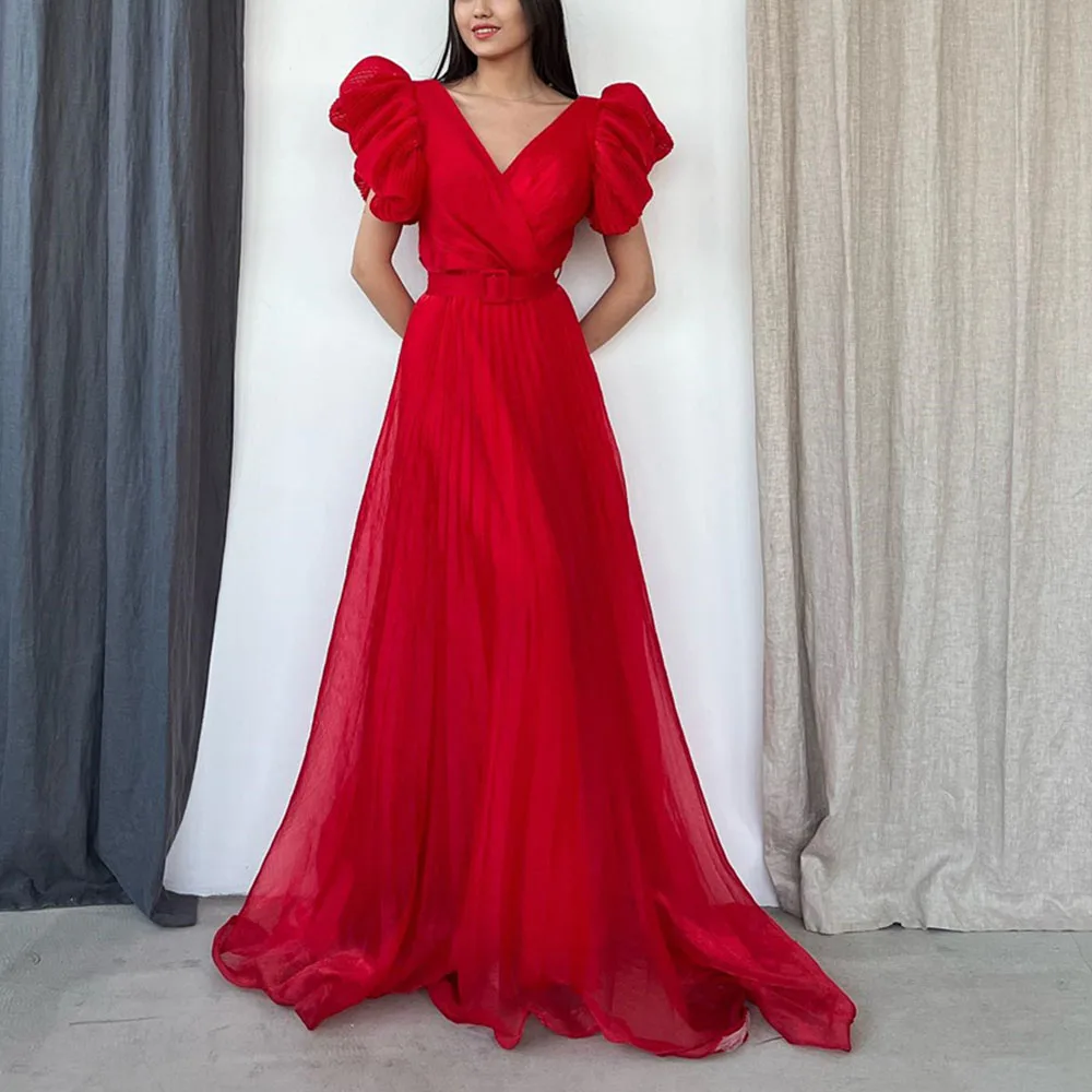 

Romantic Prom Gown for Women V-Neck A-line Floor-Length Sweep Train Solid Color Evening Party Dresses فساتين للحفلات الراقصة