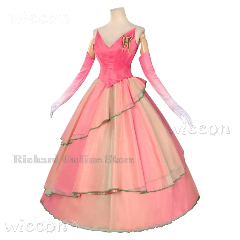 الشريرة 2 غليندا تأثيري الوردي الأميرة فستان طويل يتوهم ثوب زي المرأة الساحرة هالوين النساء ملابس الحفلات شعر مستعار فيلم 2025