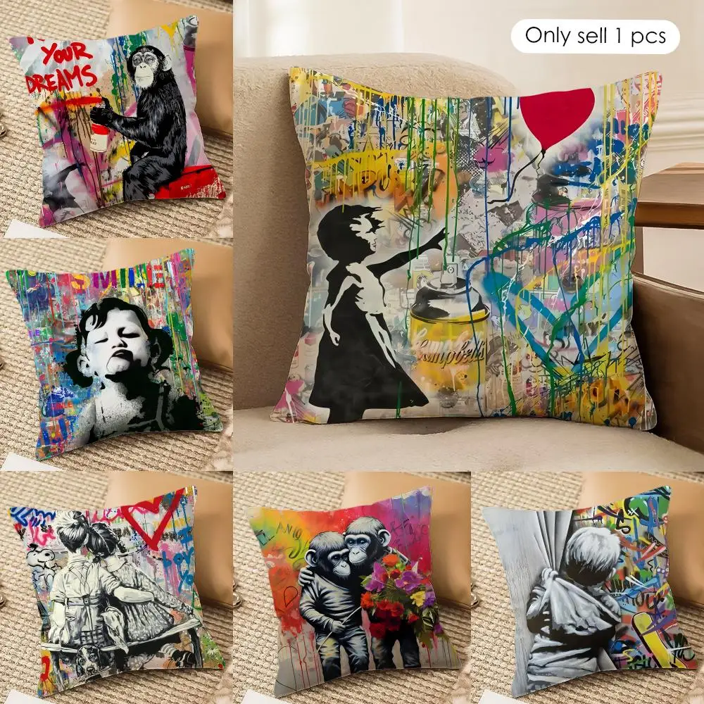 B-Banksy Graffiti Mr B-Brainwash Cushion Cover Silky Short Plush Invisible Zipper Dustproof Sofa Pillow Case For Home Decor