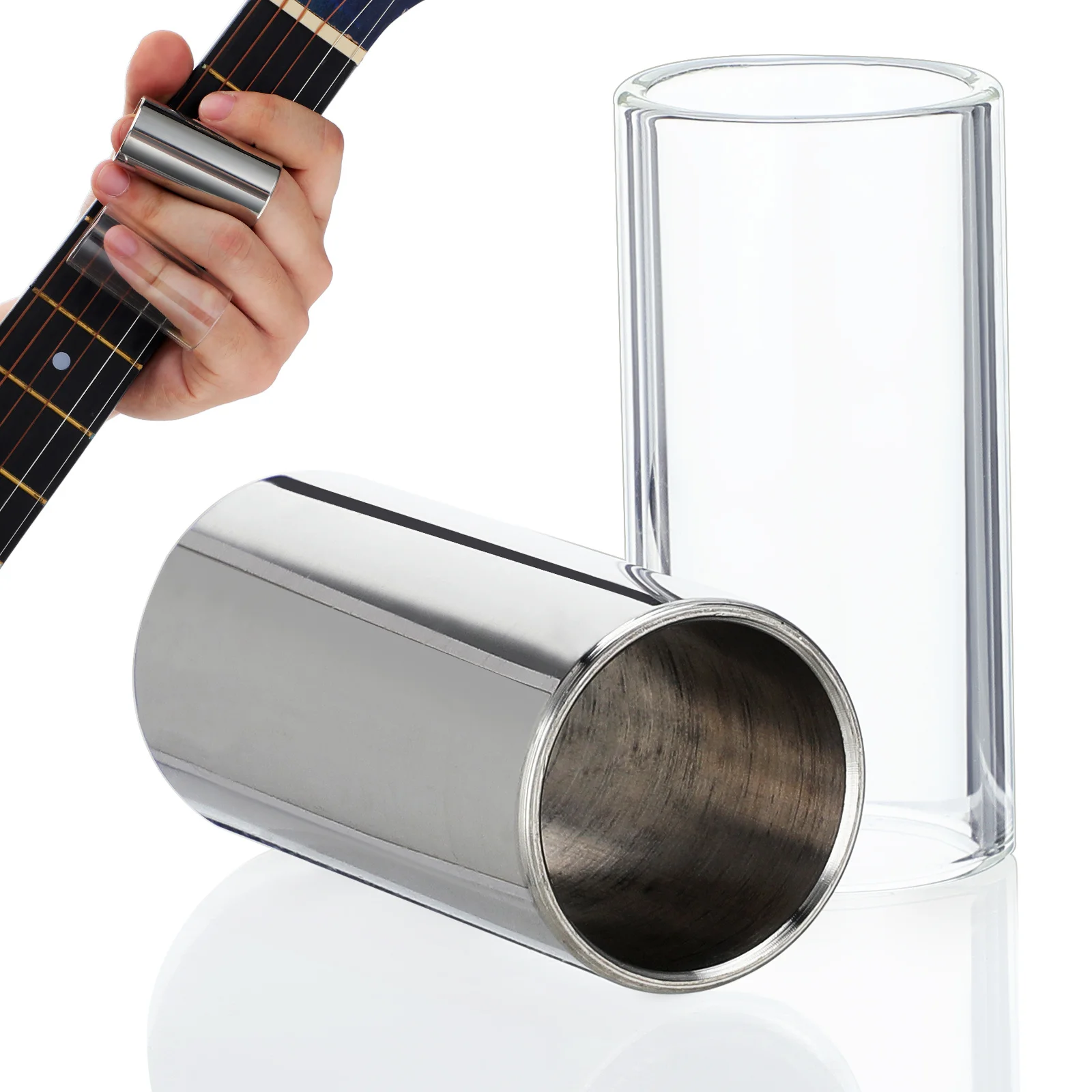 

2pcs 51Mm Glass Stainless Steel Guitar Slide Medium Bottleneck For Professional Players Transparent Silver Tone Enhancer Sustain