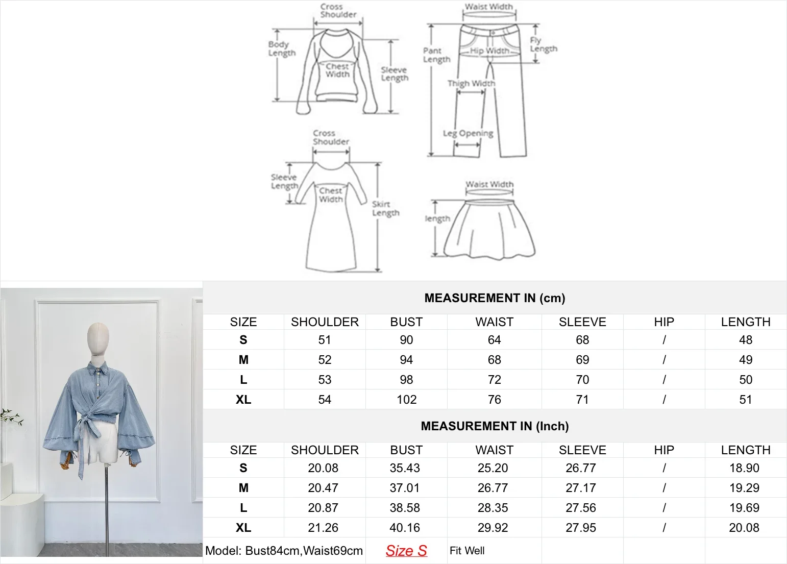 Ensemble chemisier portefeuille en jean à manches longues bleu clair et jupe mi-longue