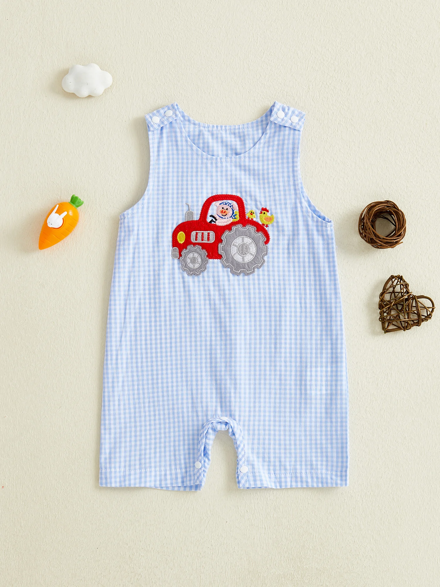 

Infant Boy Country Style Overalls Sleeveless Round Neck Farm Tractor Applique Checkered Romper Suit