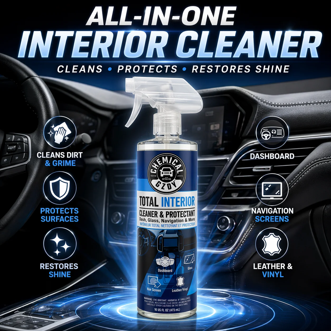 Premium Car Interior Cleaner 16 Oz – Multi-Surface Detail Spray for Dashboard, Navigation Screen, Leather & Glass
