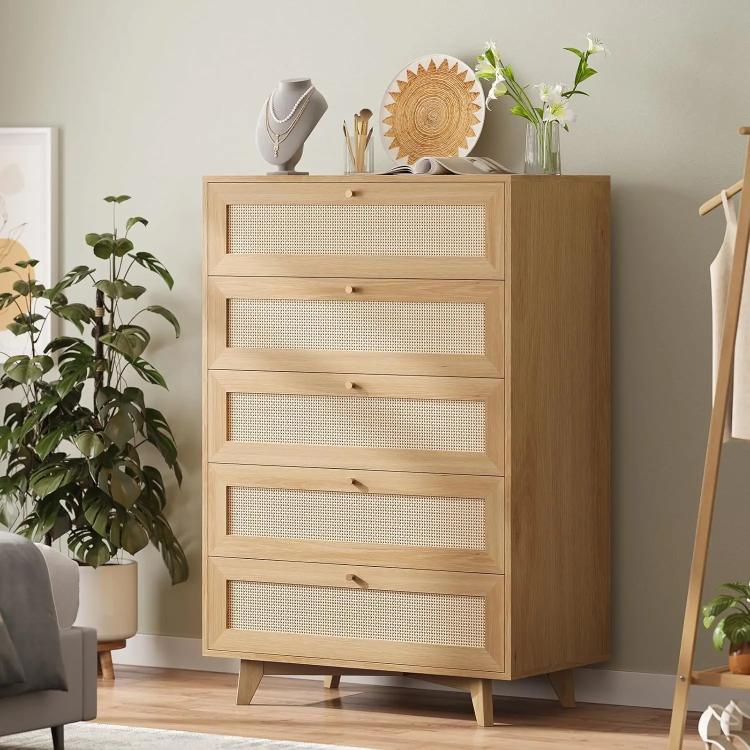 

Rattan Dresser for Bedroom with 5 Drawers, Dressers & Chests of Drawers with Natural Rattan,Wooden Tall Dresser for Bedroom