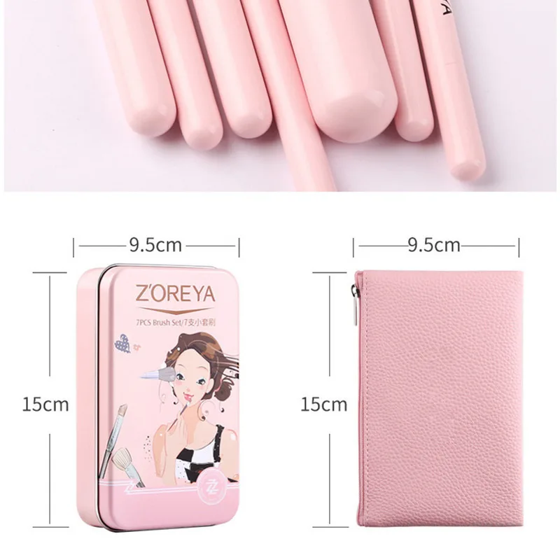 ZOREYA Herramientas de maquillaje Brocha de maquillaje de cerdas suaves Juego completo Mini brocha de maquillaje portátil de 7 piezas Juego de caja de lata