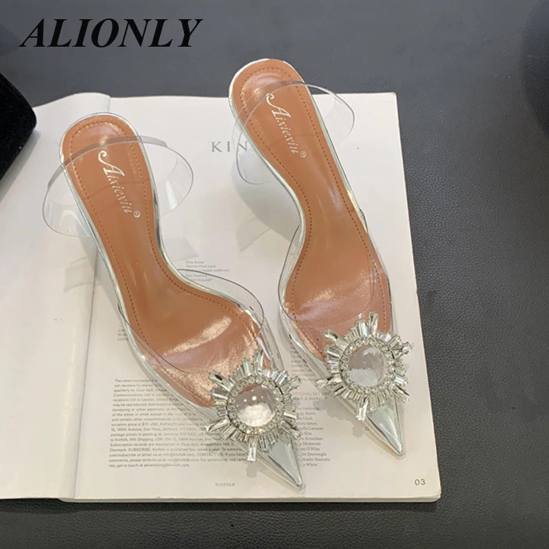 Alionly 2024 Summer New Fashion Pointed Thin Heel Sandals Sunflower Water Diamond Transparent High Heel Women's Shoes