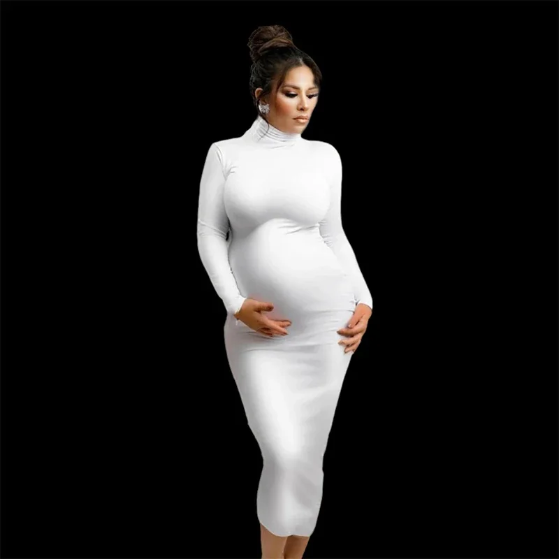 Maternity Long Sleeve Dresses For Photo Shoot Pleated Blouson Midi Dress Women Party Pregnant Baby Shower Clothes