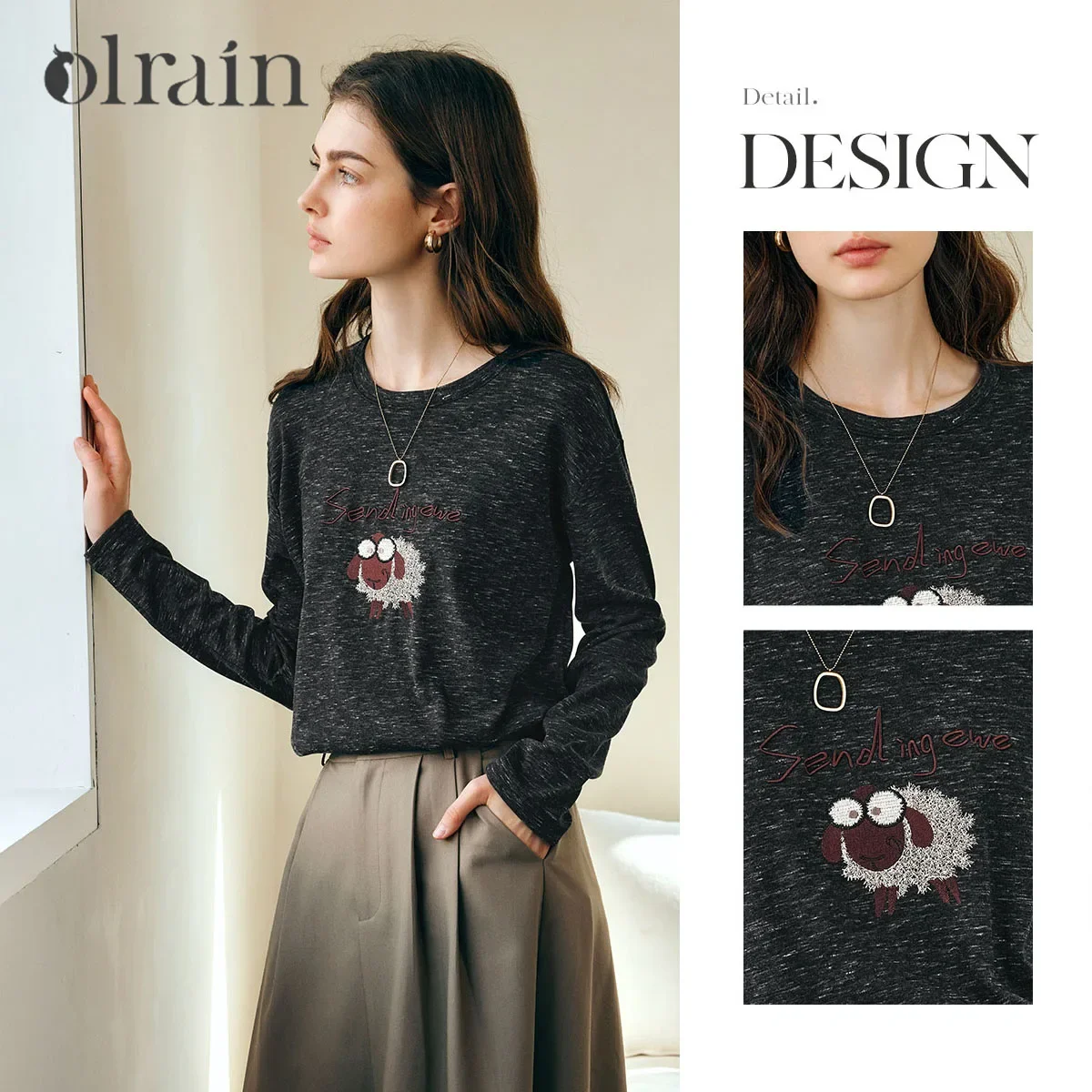 เสื้อยืดปักลาย OLrain รุ่น Autumn 2025 ทรงตรง ผ้าถัก แขนยาว คอกลม สไตล์ลำลอง เรียบง่าย รุ่น M57CT96120