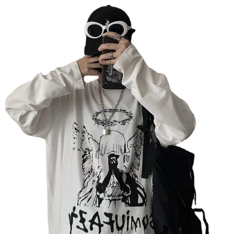 T shirt for men Men oversize Long Sleeve T-shirt Autumn Print O-neck Tee Oversized Gothic Dark Academia T Shirt Male Unisex Tops