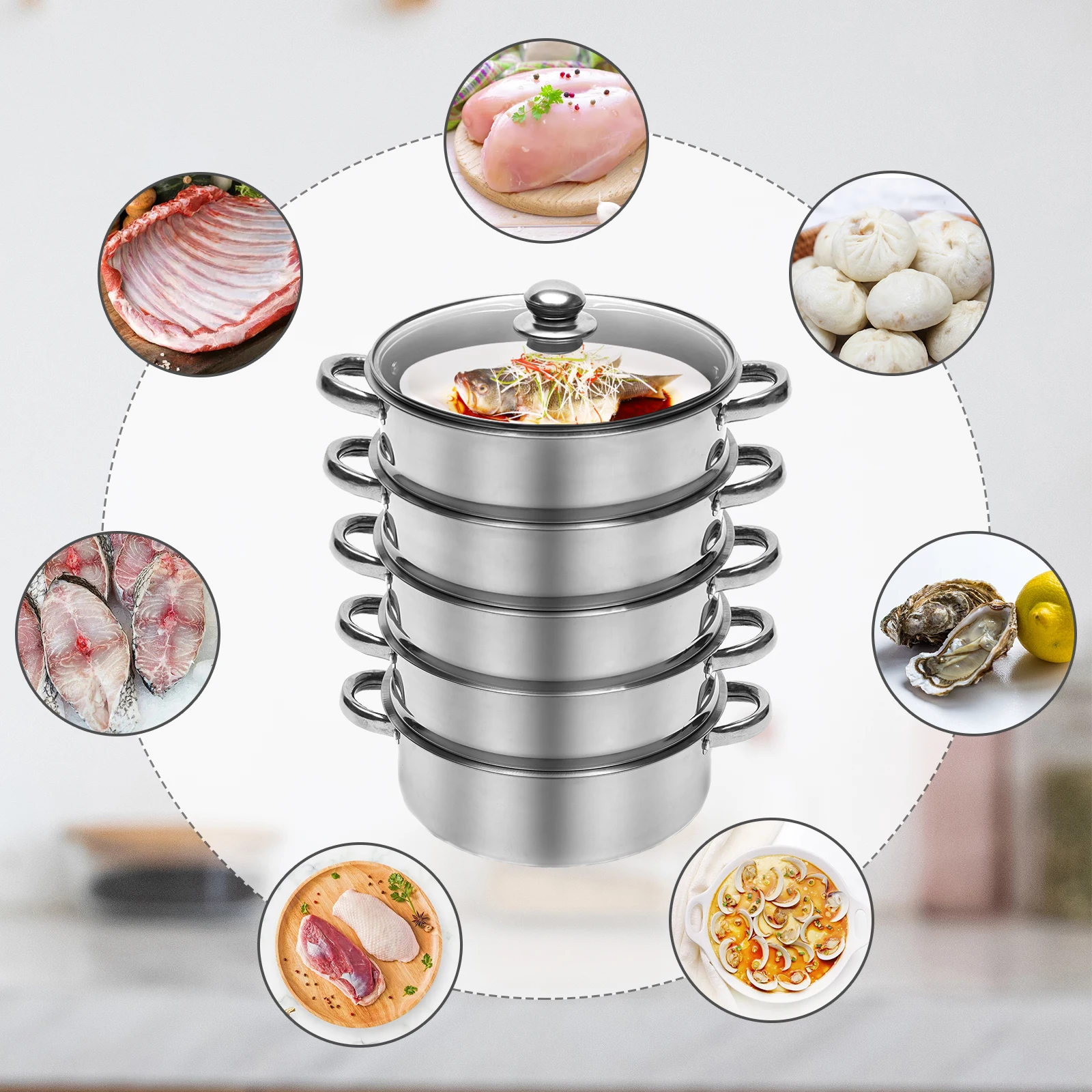 

5 Tier Steamer Cooker, Stainless Steel Food Grade 304 Steam Pot, Large Capacity, Kitchen Food Cooking + Glass Lid