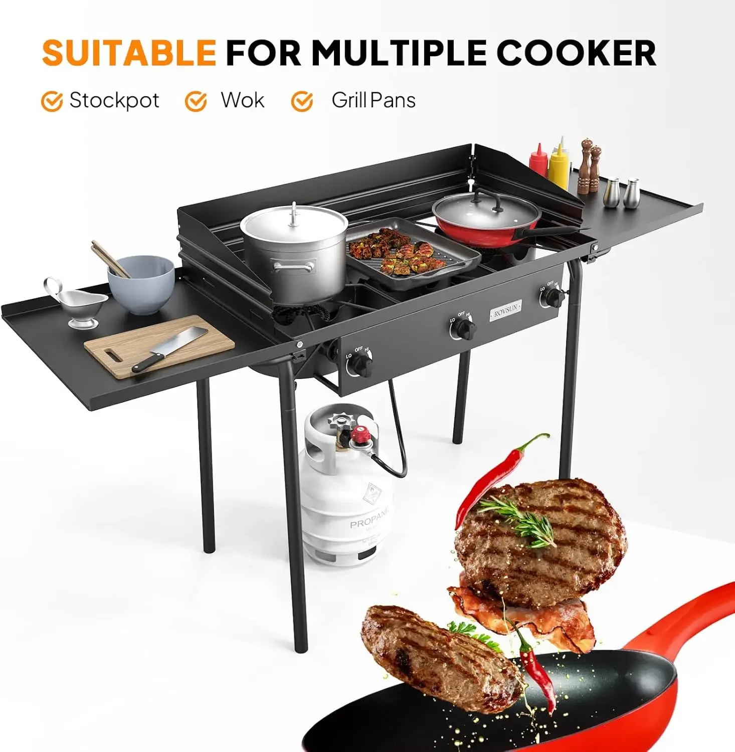 Estufa de gas de 3 quemadores con 2 estantes laterales, estufa de propano portátil de 225.000 BTU con pata extraíble, panel de viento, regulador para acampar