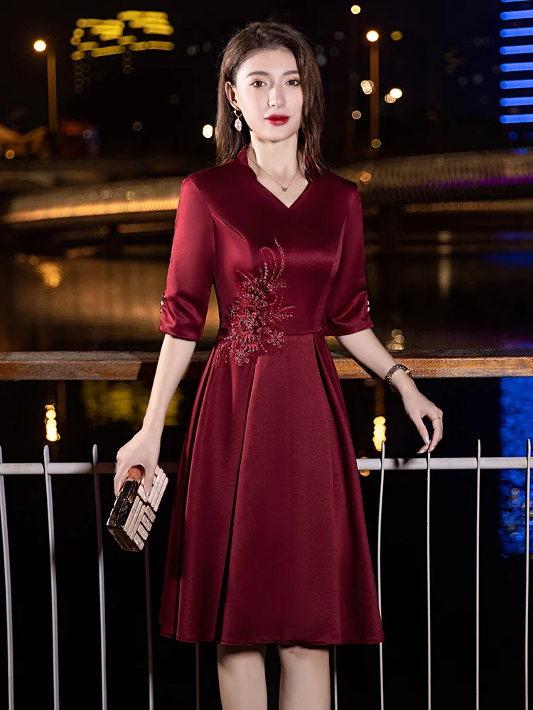 

Ele Red Wedding Dr for Mother of the Bride Young And Sli High-end Lightweight Luxury Sensation Wedding Evening Gown