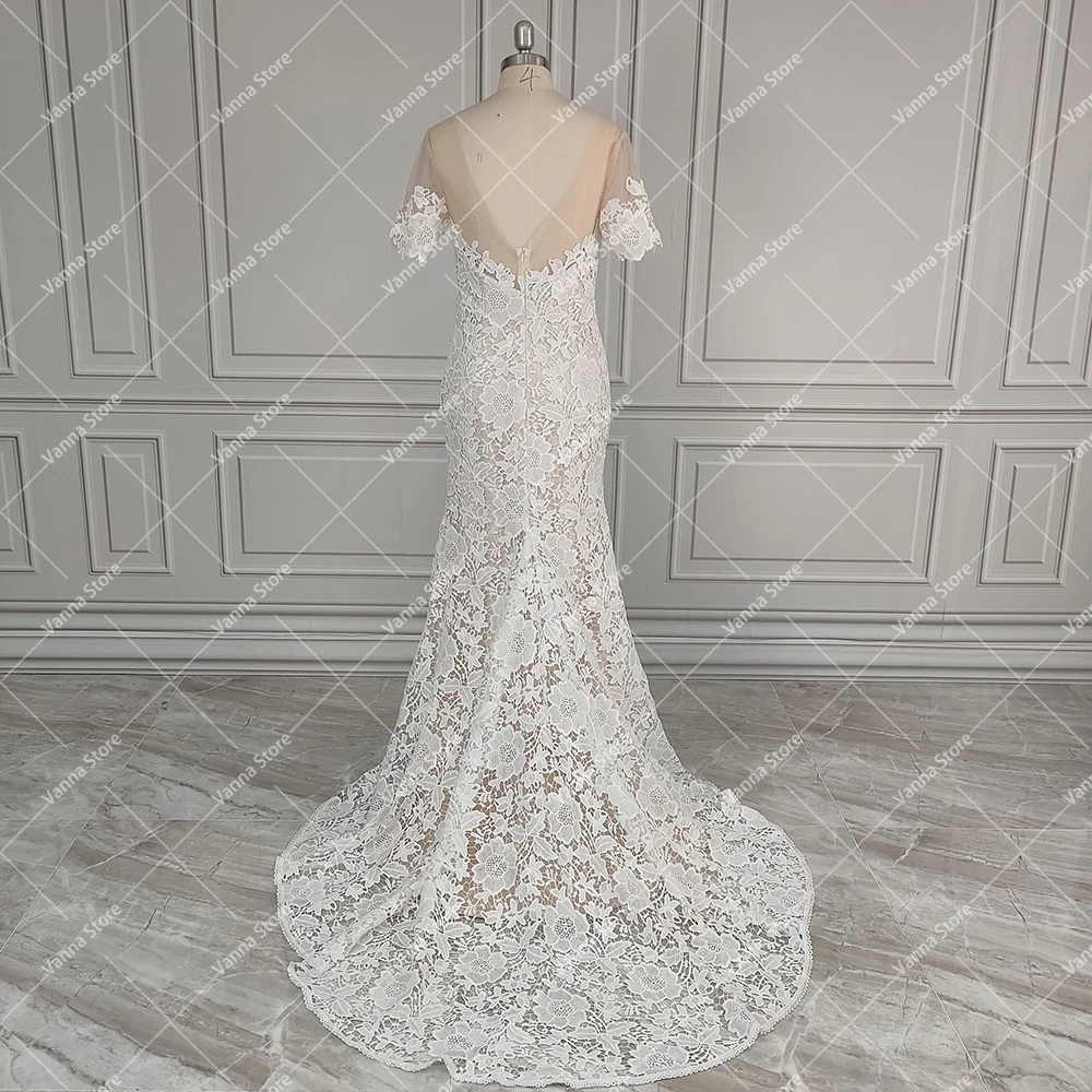 حورية البحر قصيرة الأكمام انقطاع الدانتيل فستان الزفاف صور حقيقية الوهم قبالة الكتف عارية الذراعين بوهو حديقة أثواب الزفاف ريفي