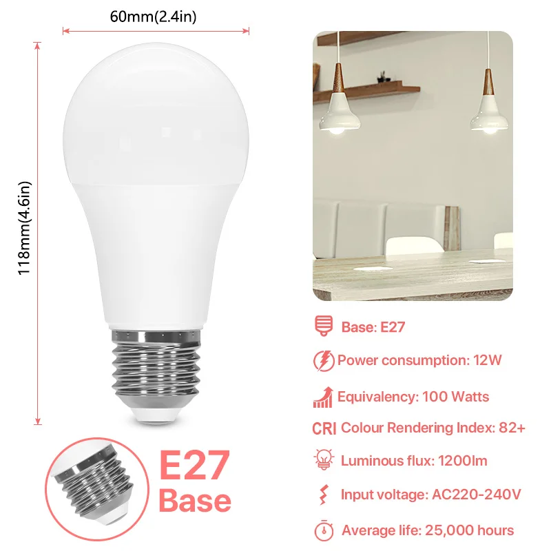 E27 6 Pack LED Light Bulbs 220V 100W Equivalent Warm White 3000K Cool White 6500K 12W 1200lm Non-Dimmable Edison Screw Bulbs