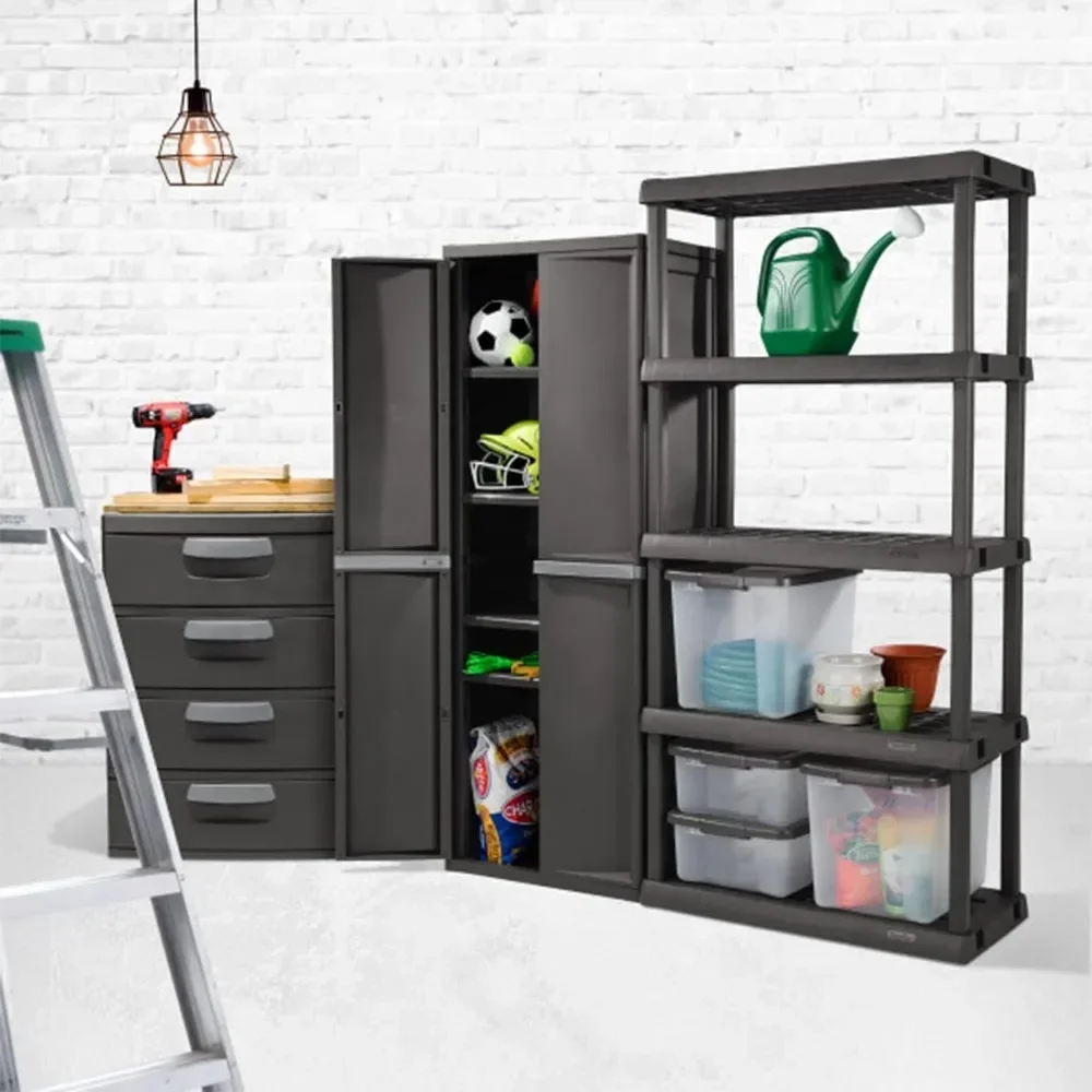 4 Shelf Cabinet, Heavy Duty and Easy to Assemble Plastic Storage Unit, Organize Bins in the Garage, Basement, Attic, Mudroom