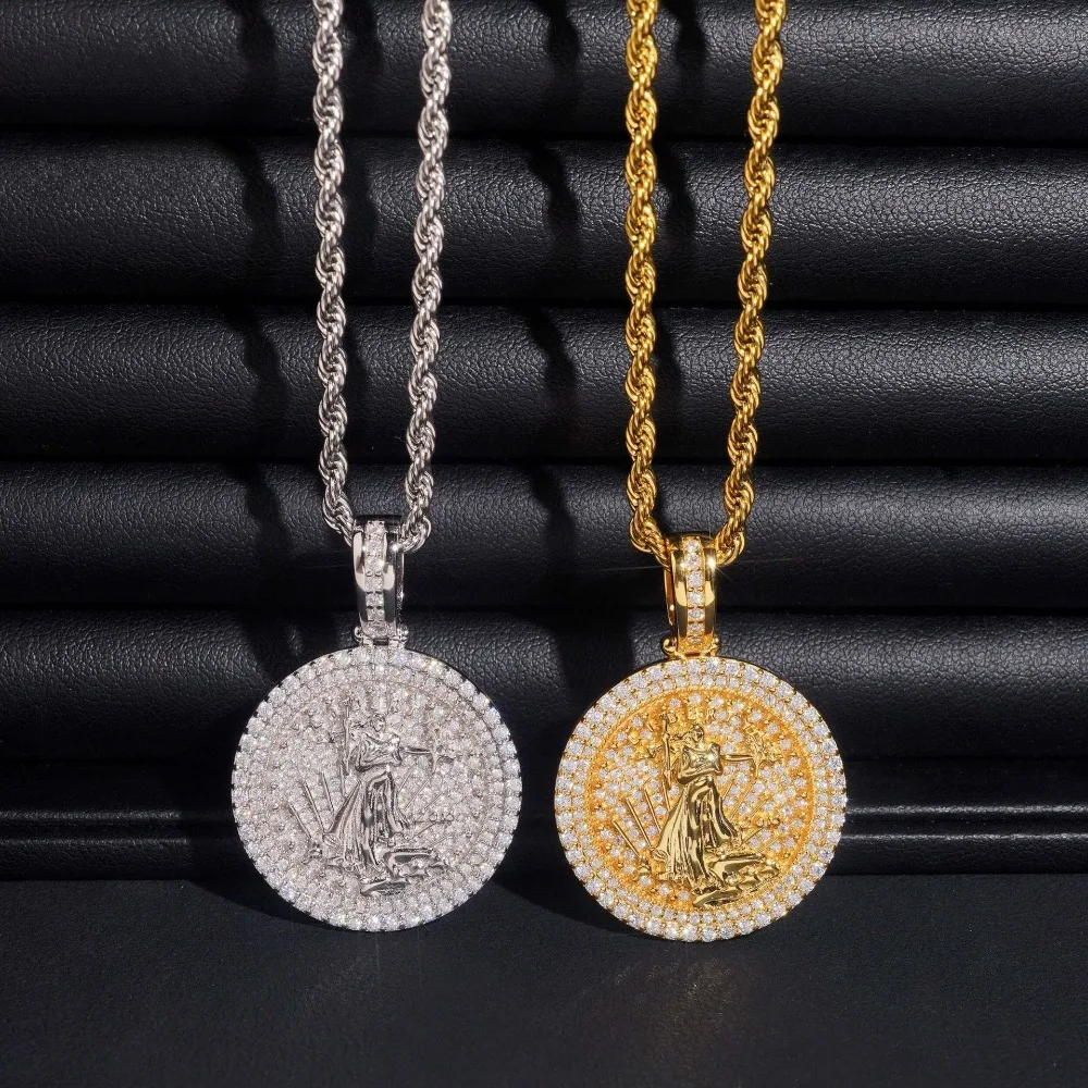 Hip Hop Moissanite Round Charm Pendant with Heart Pattern i14K Gold Plated 925 Silver for Necklace Rock Jewelry Pass Tester Gift