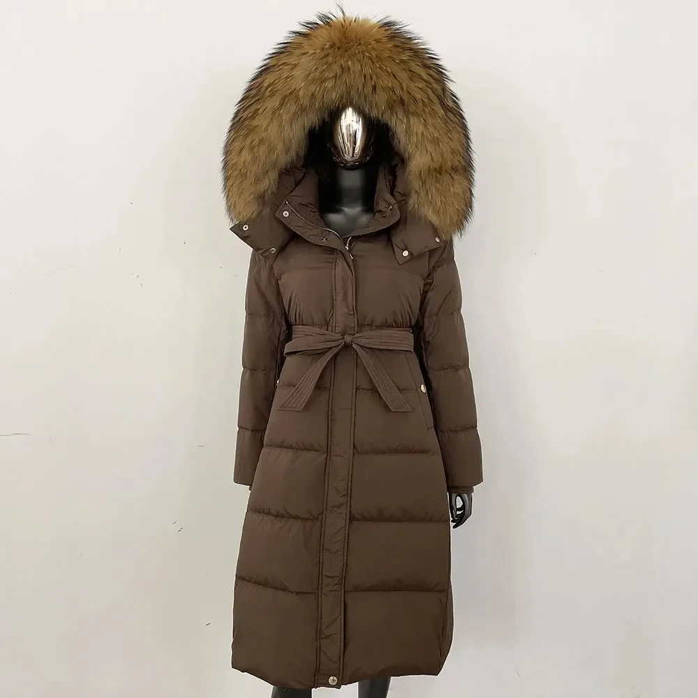 ريال فوكس الفراء طوق 2025 الشتاء الأبيض أوزة أسفل معطف مقنعين سترة فضفاضة المرأة سميكة الدافئة مربوط موضة جديدة معطف منتفخ