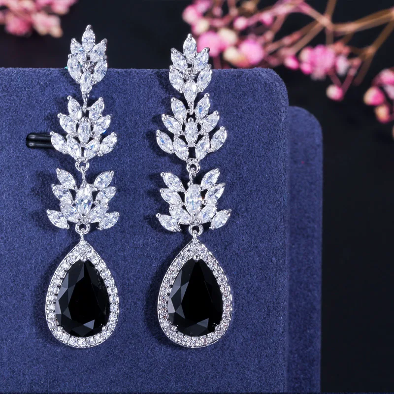 

ThreeGraces Fashion Black Cubic Zirconia Stone Marquise Shape CZ Long Dangle Drop Wedding Party Earrings Jewelry for Women E1802