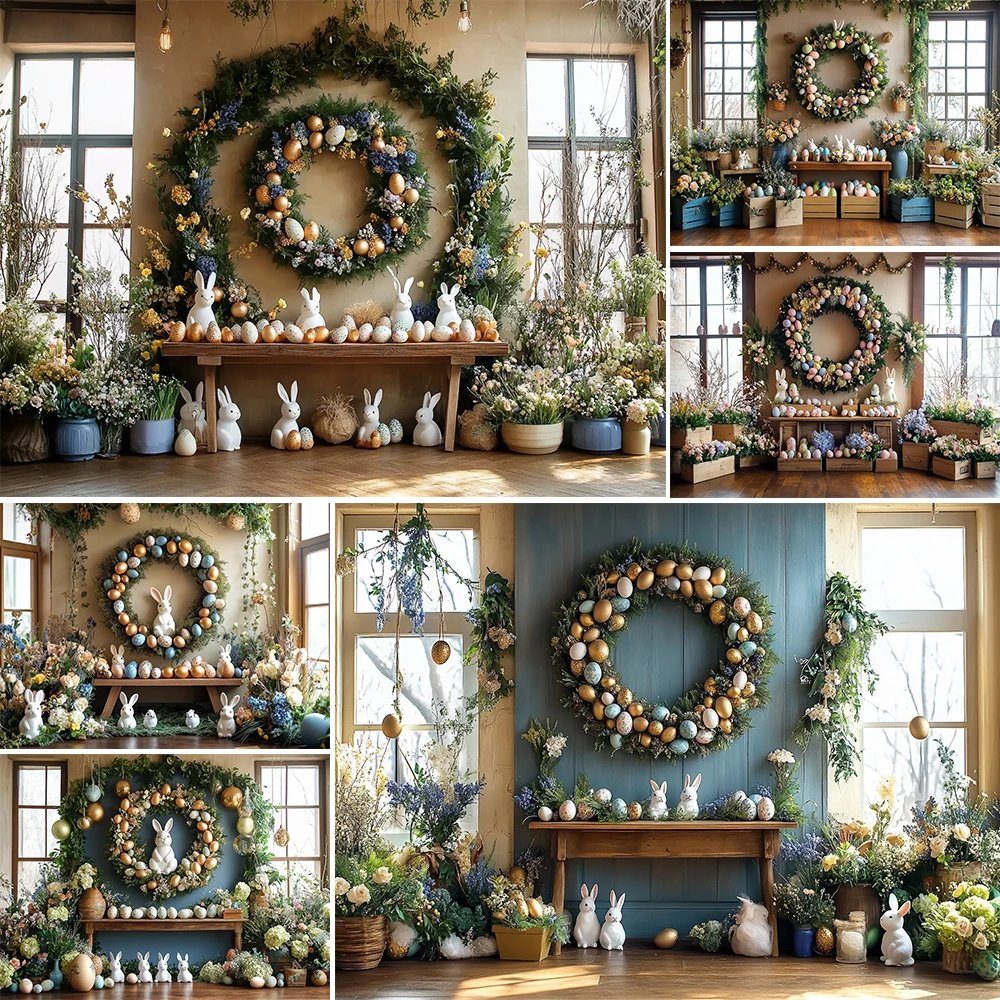 Fondo de fotografía de Pascua de primavera, guirnalda de conejito bonito, decoración de huevos, retrato de vacaciones para Baby Shower, accesorios de estudio