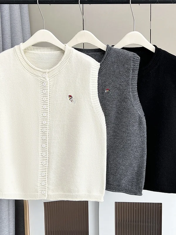 

Корейский японский элитный однорядный вязаный жилет на пуговицах большого размера, простой круглый открытый кардиган, топ