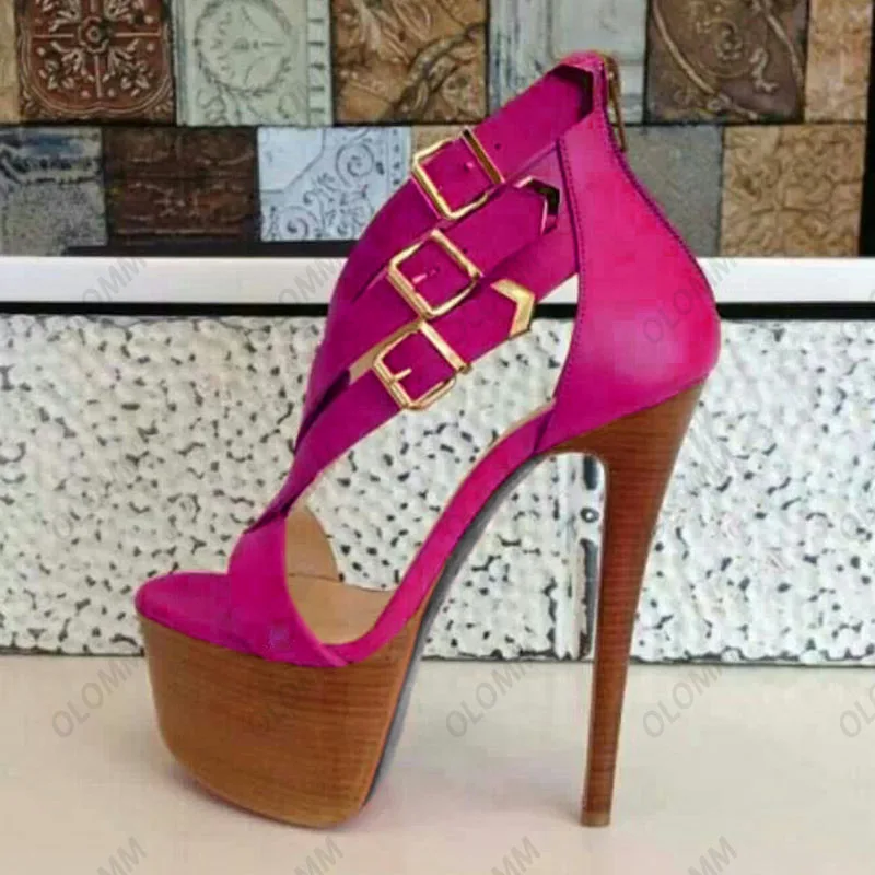 Olomm New Arrival Women Platform Sandals Buckle Strap Sexy Stiletto Heels Open Toe Beautiful Brown Casual Shoes US Size 5-20