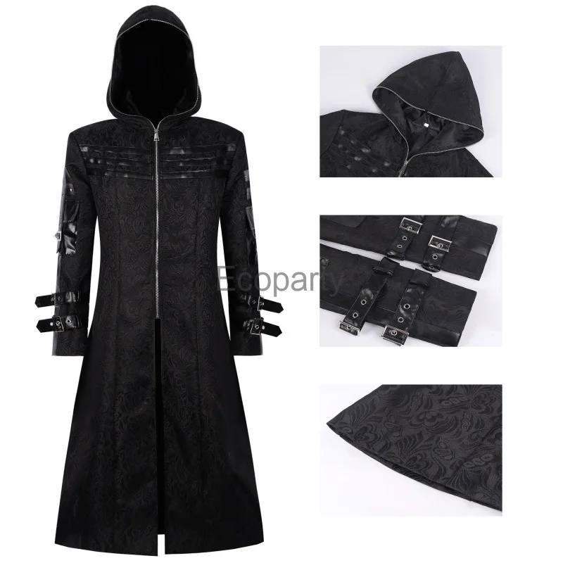 Men Medieval Steampunk Costume Black Red Victorian Gothic Vintage Assassin Elves Pirate Cosplay Costume Gothic Pu Leather Jacket