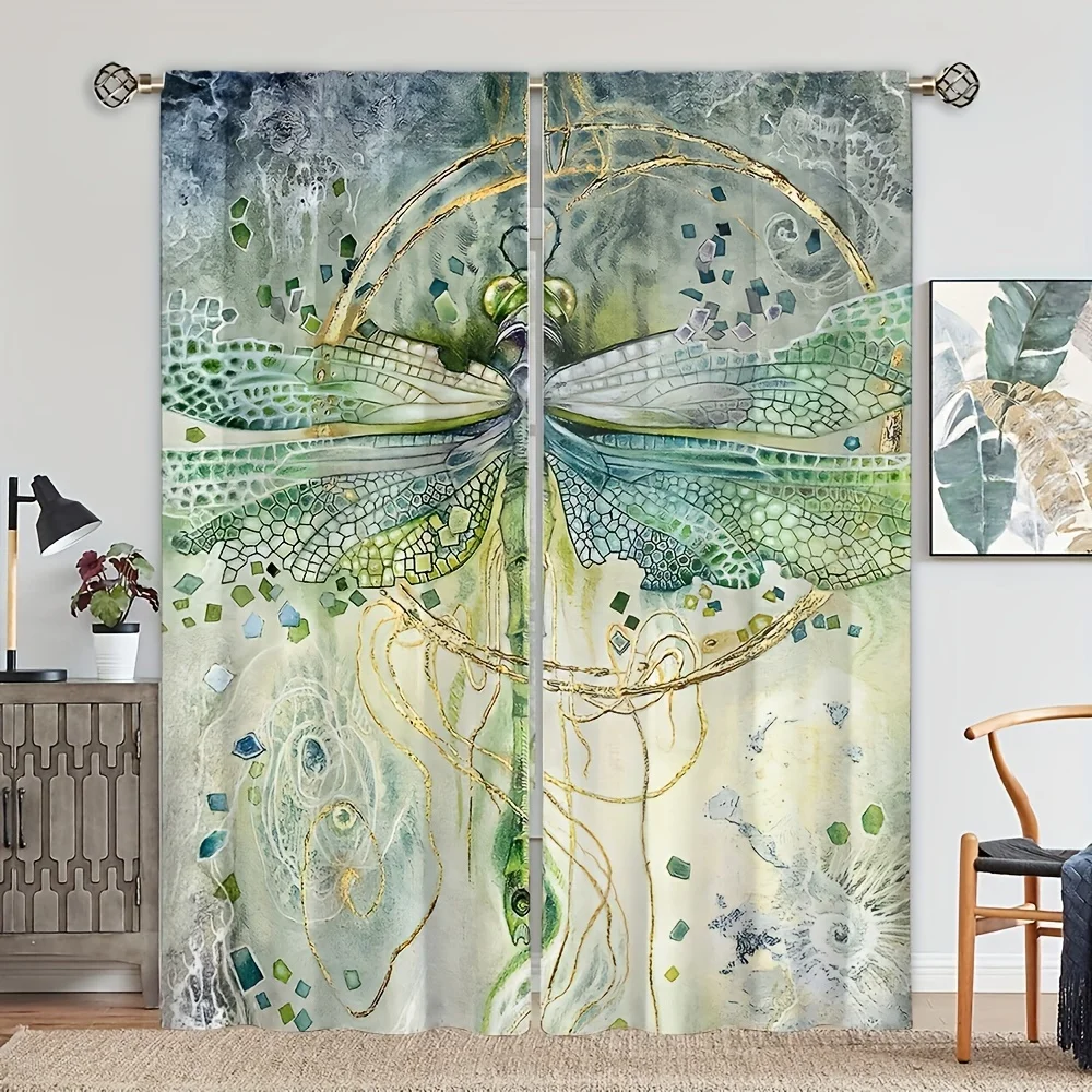 2pcs Green Dragonfly Pattern Curtains Decorative Window Drapes Window Treatments For Bedroom Living Room Home Decoration Room