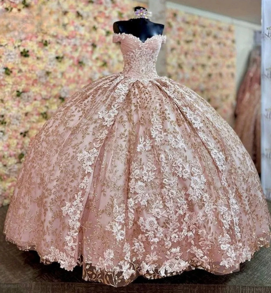 Pink Princess Quinceanera abiti Ball Gown Off The Shoulder Appliques Lace Sweet 16 abiti 15 aecos Mexican