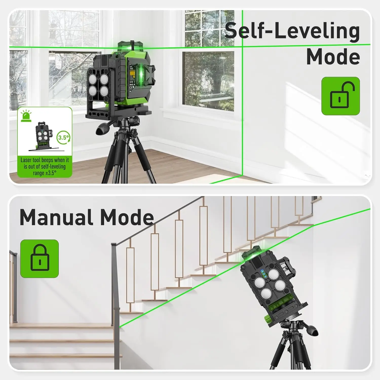 Huepar 703CG 12 Lines 3D Laser Level Self-Leveling Cross Line Green Level Adjust Bright Alignment Laser Tool with Li-ion Battery