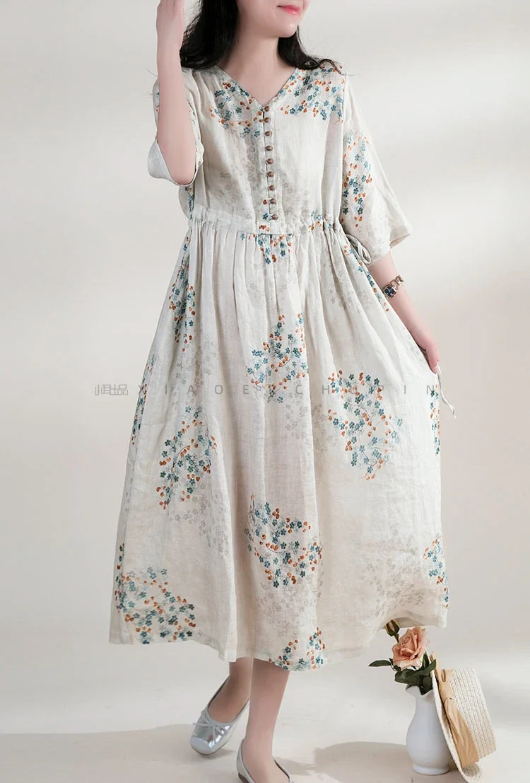 

Summer Dress Women 2025 Long Print Elegant Clothing Vintage Elastic Waist Korean Beach Style V-Neck Fashion Robe Ropa De Mujer