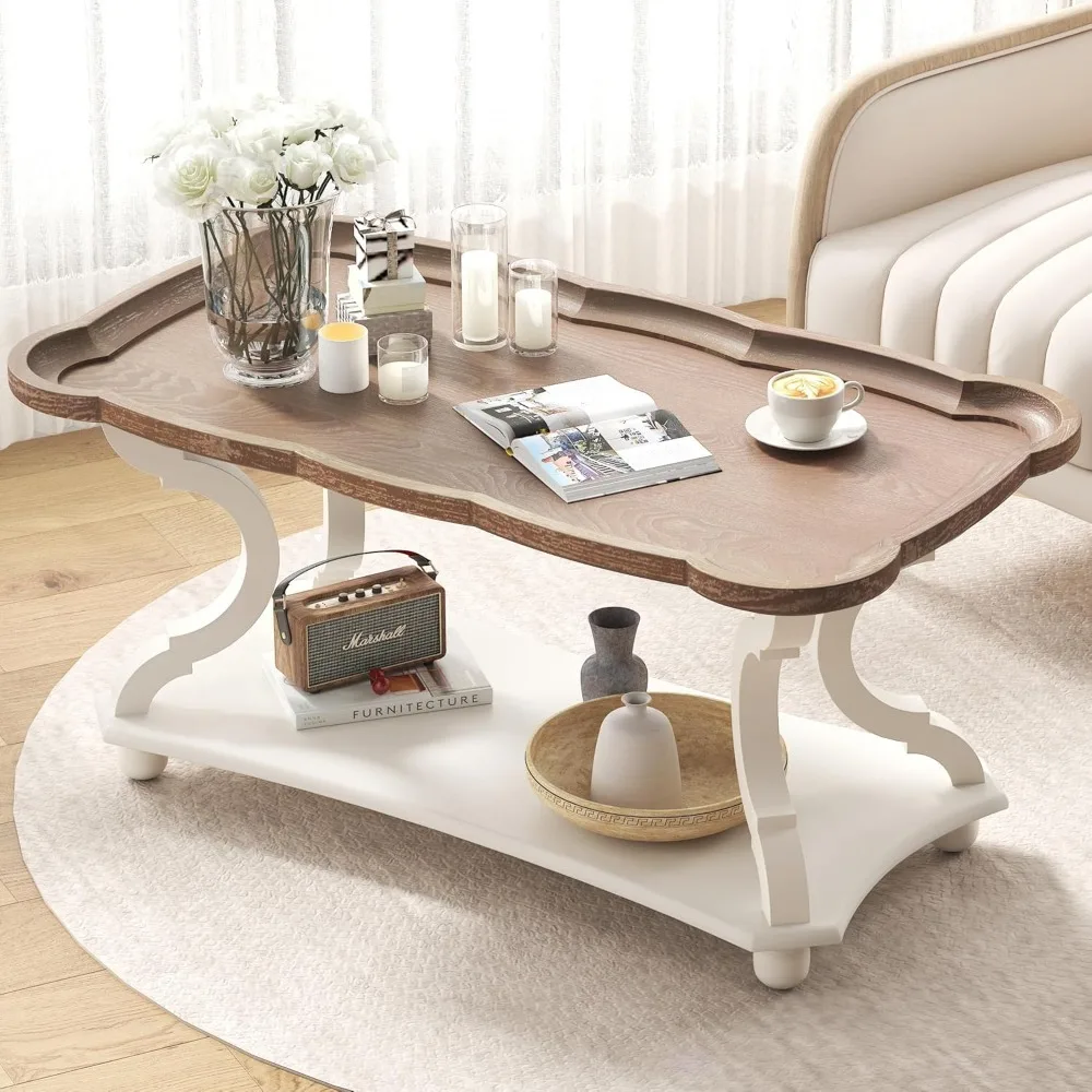 Mesa de centro de fazenda, mesa de coquetel branca rústica com prateleira de armazenamento, mesa de sofá com bandeja natural e pernas esculpidas