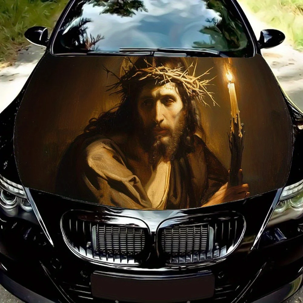 

Jesus Wears A Crown of Thorns and Holds A Lit Cross Car Hood Vinyl Wraps Sticker, Car Engine Decal, Waterproof Self-adhesive Car