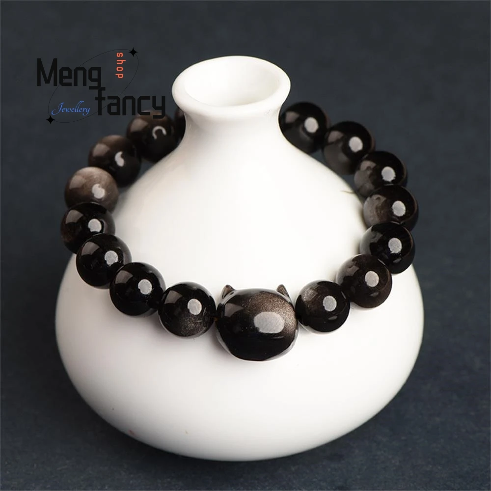 

Natural Silver Obsidian Cat Bangle Fashion Charms Amulet Designer Bracelet Mascots Couple Fine Jewelry Men Women Holiday Gifts