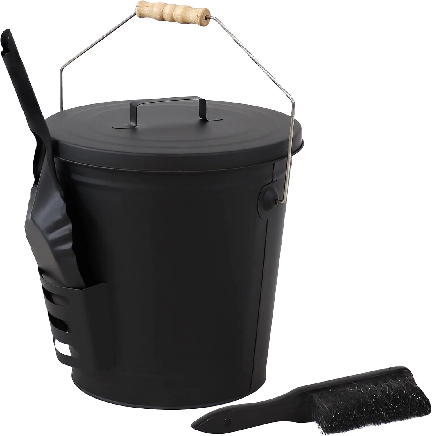 

5‑Gallon Ash Bucket with Lid, Shovel & Brush – Metal Ash Can & Cleanup Accessories for Fireplace Hearth, Fire Pit, or Grill