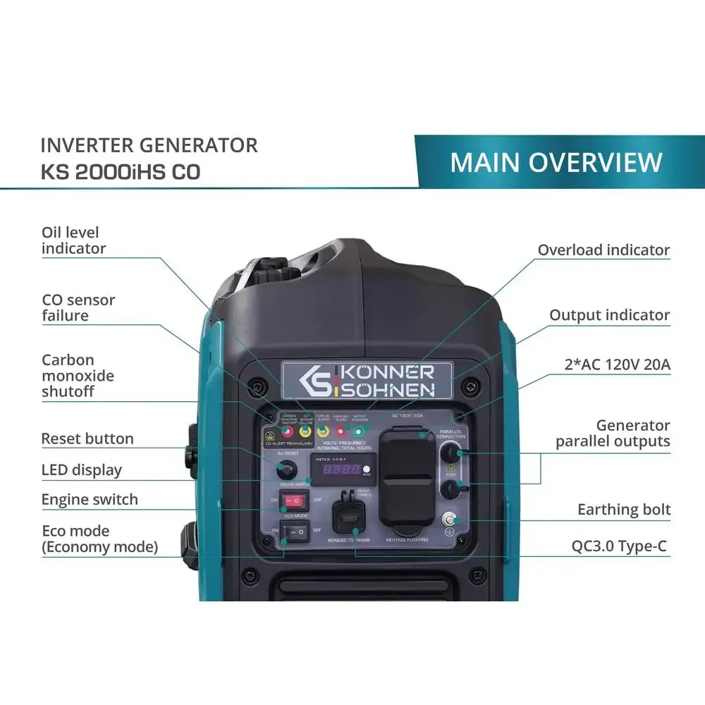 Portable Inverter Generator 2000W Dual Fuel 120V Super Quiet Lightweight CO Sensor