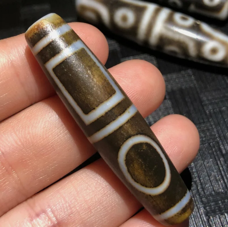 Magic Power Tibetan Old Agate Double Heaven&Earth Totem dZi Bead 11*48mm