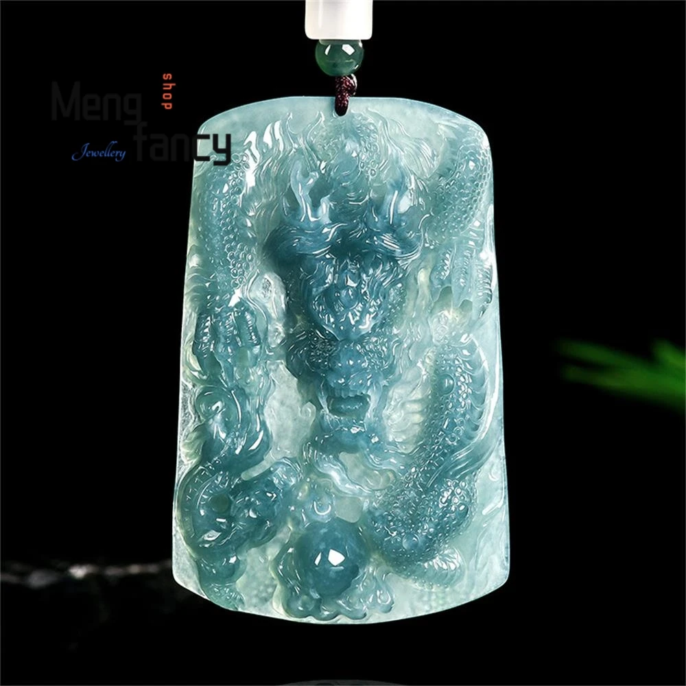 

Натуральный жадеит класса А, голубая вода, зодиак, дракон, ледяной тип, нефритовый кулон, двусторонняя гравировка в этническом стиле, высококачественные ювелирные изделия