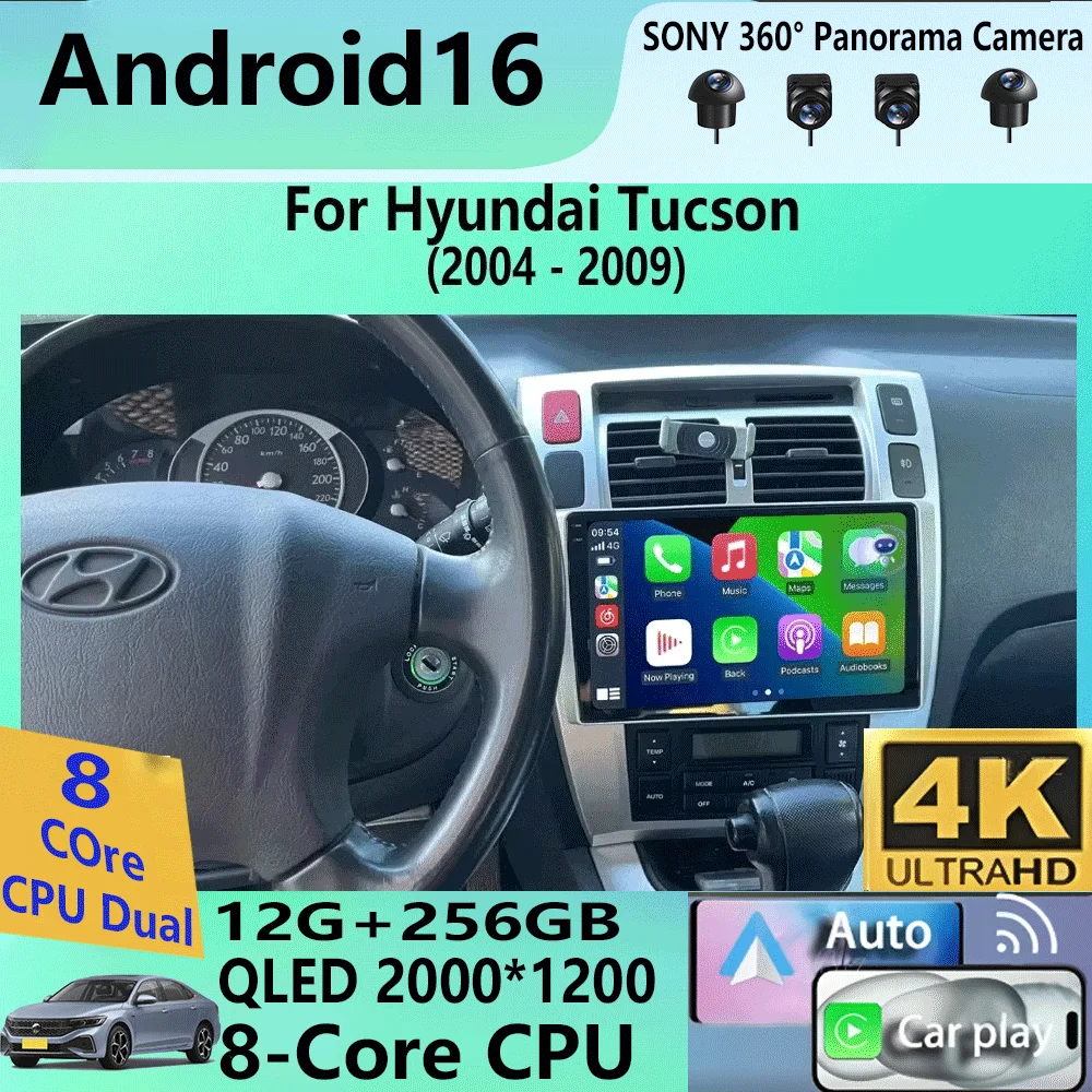 

Автомобильное радио Android 16 для Hyundai Tucson 2004 2005 2006 2007 2008 2009, мультимедийный видеоплеер, стерео, GPS-навигация, Carplay QLED