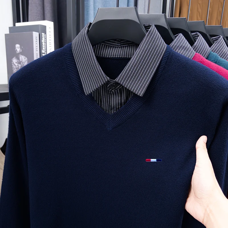 Quality Man False Two-Piece Long-Sleeved Knitwear Striped Embroidery Autumn Winter New Pullover Casual Versatile Men's Clothing