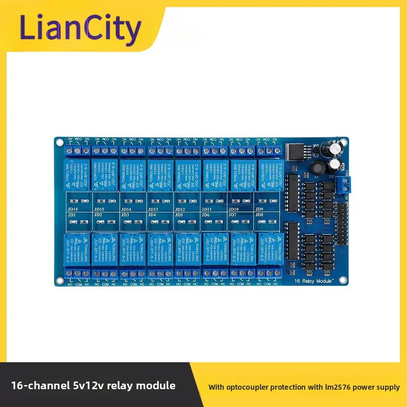 16 Channel Relay Control Module 5V 12V Optocoupler Isolation Board With LM2576 Power Supply