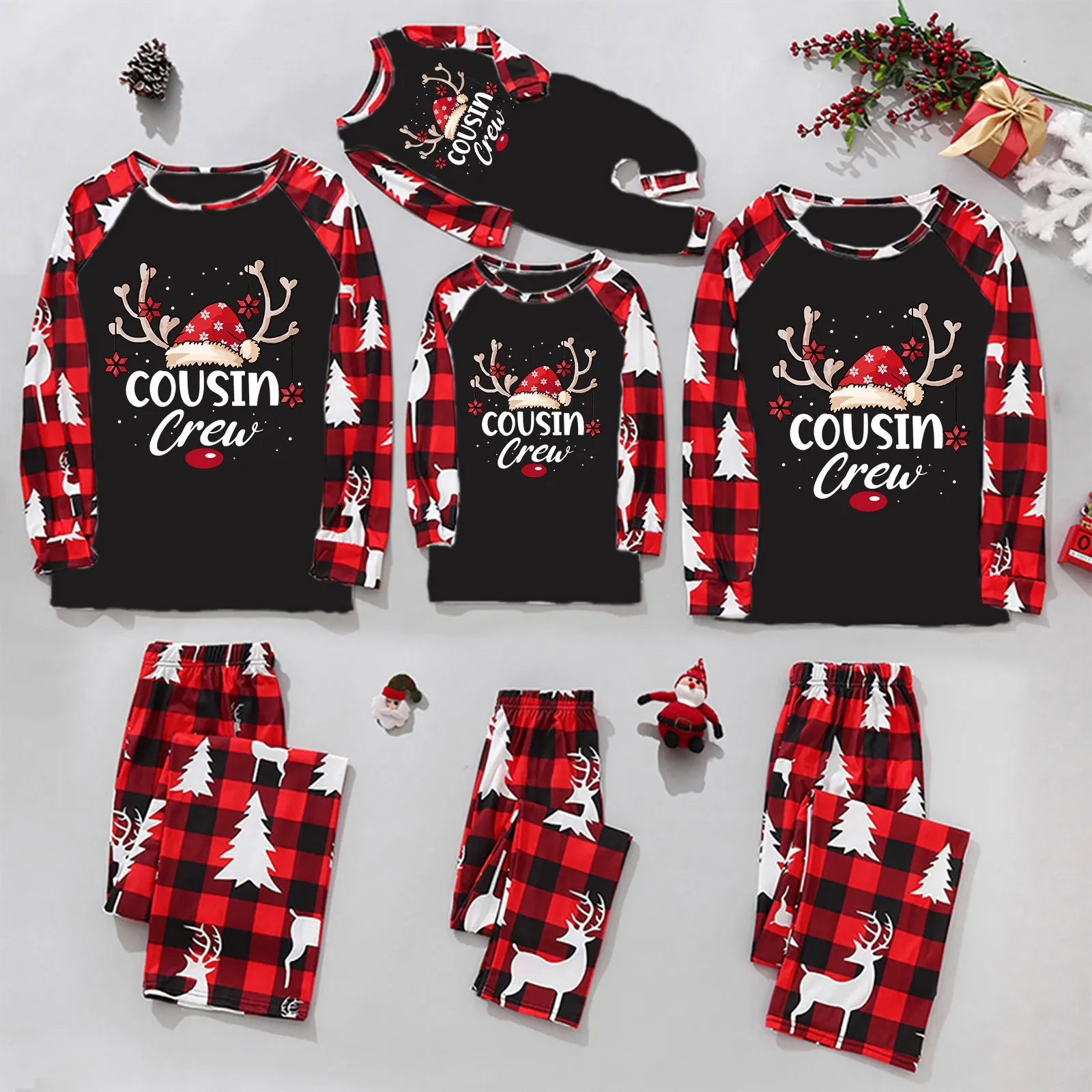 Fathers Family Christmas Pajamas Home Costume Set Christmas Print Pajamas Plaid Sleeves Holiday Pajamas Parent Child Set