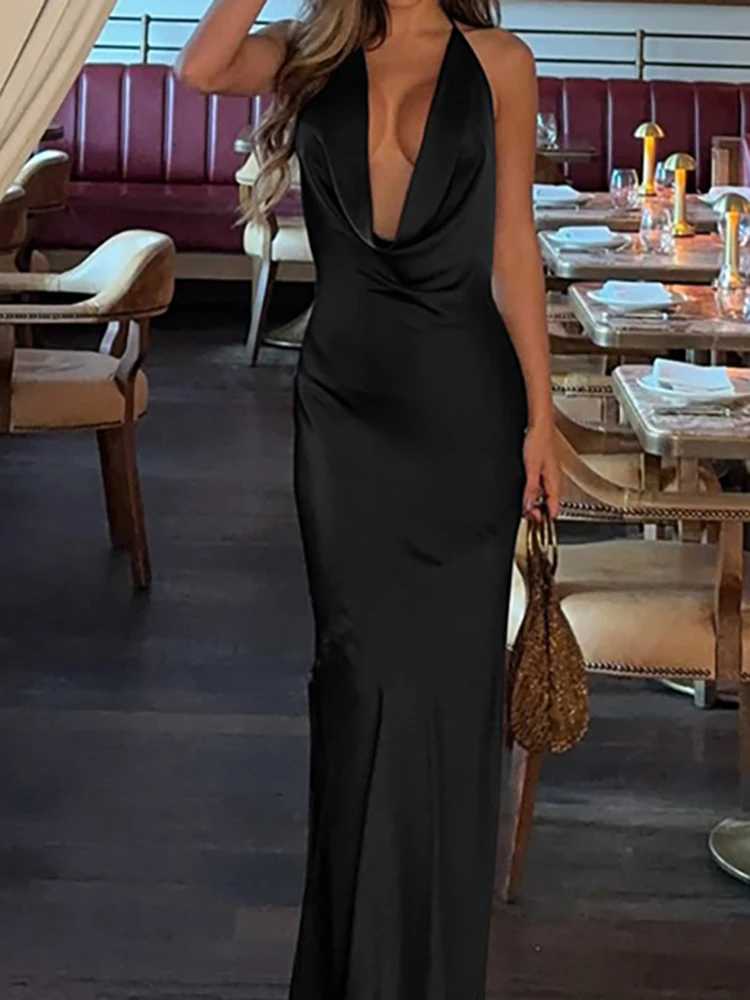 Sexy Low Cut Solid Satin Evening Dress Fashion Backless Sleeveless Slim Banquet Dress Women High Waist Lace Up Wrap Hips Dresses