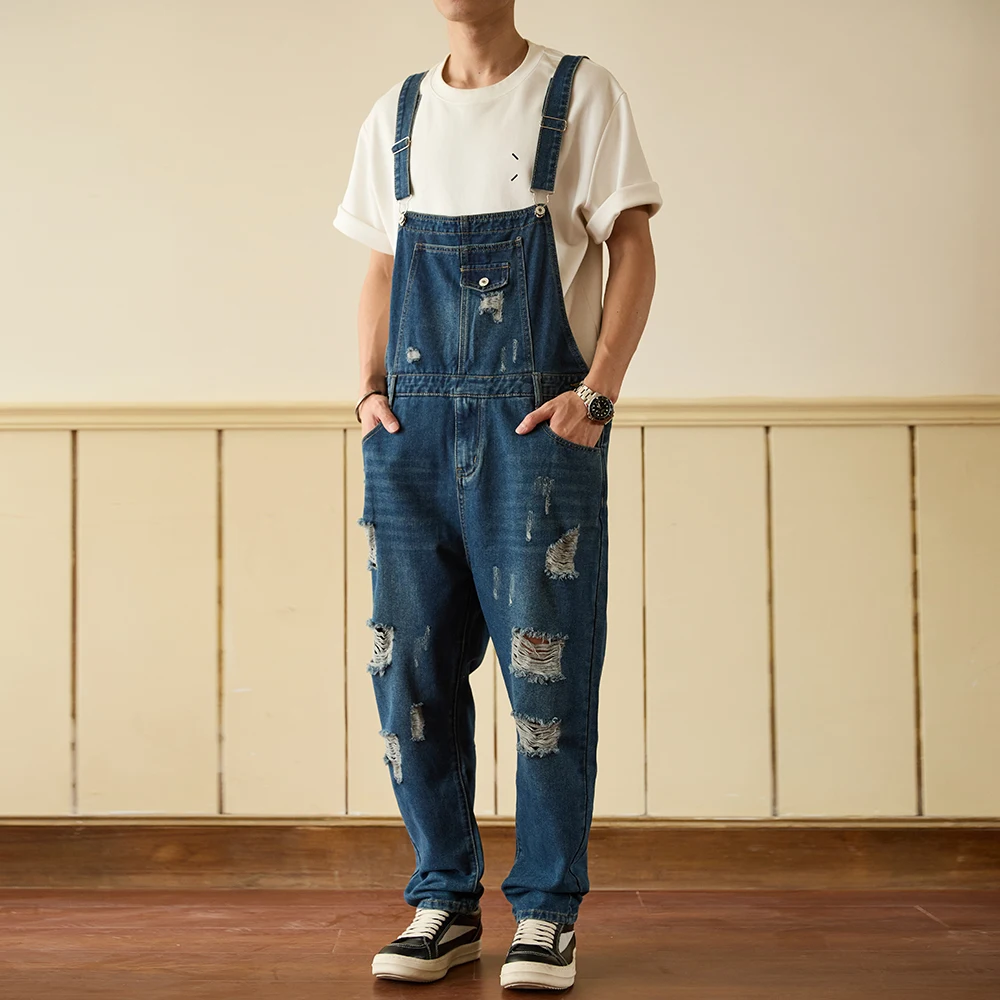الرجال ممزق الدينيم مريلة وزرة ثقوب عادية المتعثرة الأزرق دنغري جيوب البضائع الجينز ملابس العمل المآزر