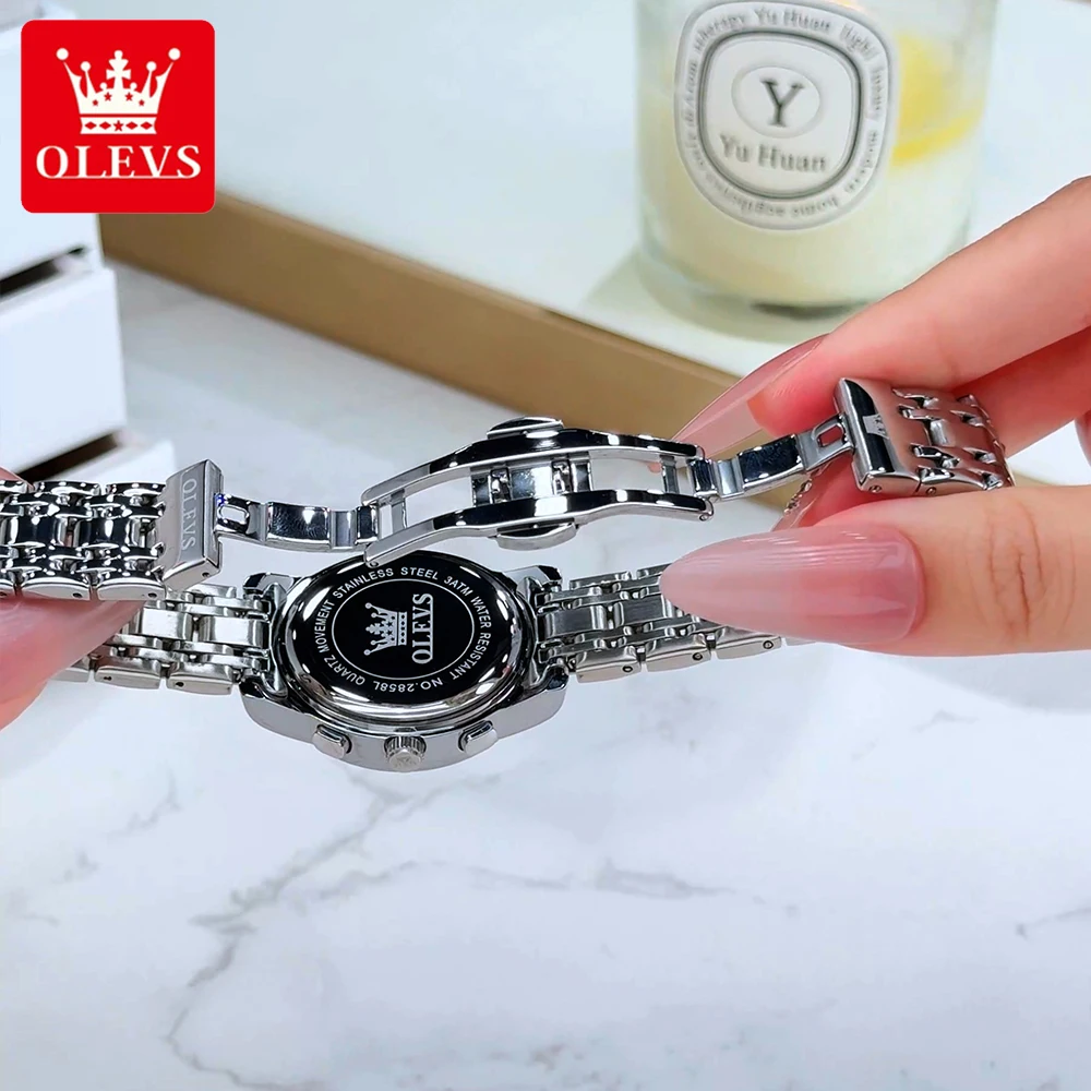ساعات نسائية أنيقة من OLEVS ساعة يد كوارتز أصلية فاخرة من الفولاذ المقاوم للماء كرونوغراف للتاريخ المضيء
