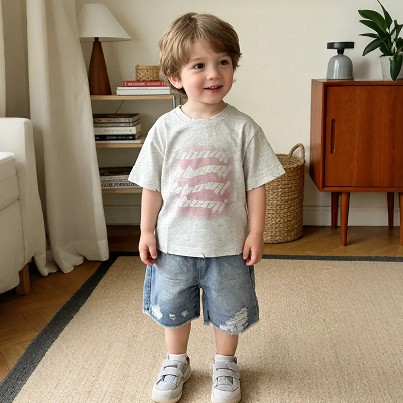 Toddler Boys 2Pcs Summer Outfits Letter Print Short Sleeve T-Shirt Ripped Denim Shorts Set Kids Boys Casual Daily Clothes 2-6Y