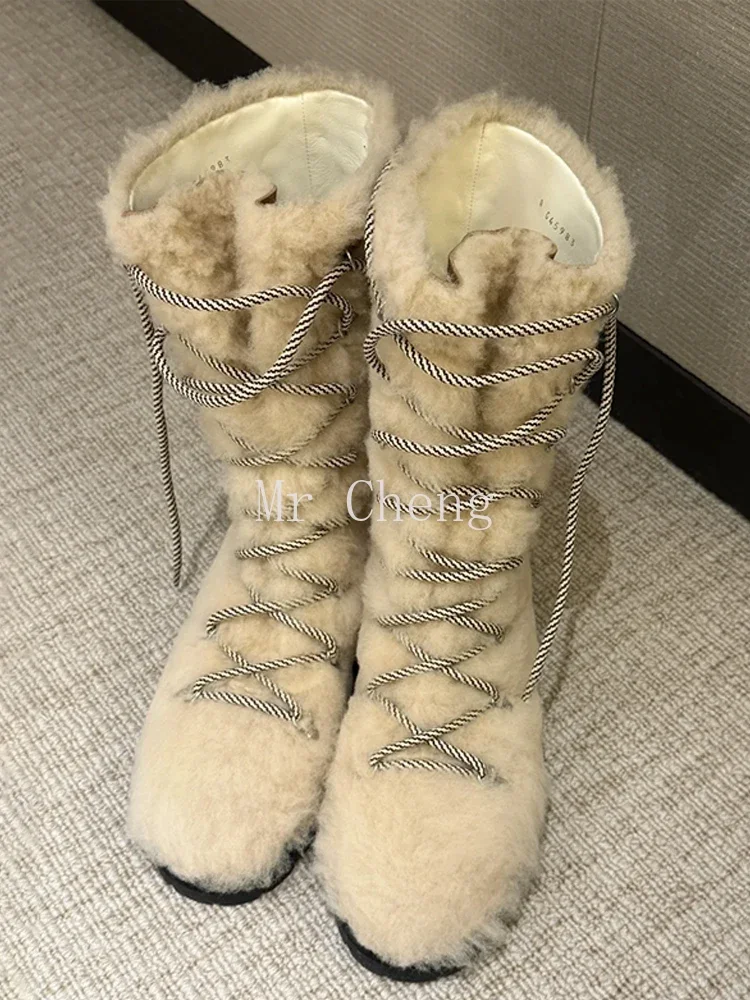 

Lambswool Lace-up Snow Furry Boots Women's Autumn Winter 2024 New Fleece Thickened Warm Boots Warm Cozy Cotton Shoes