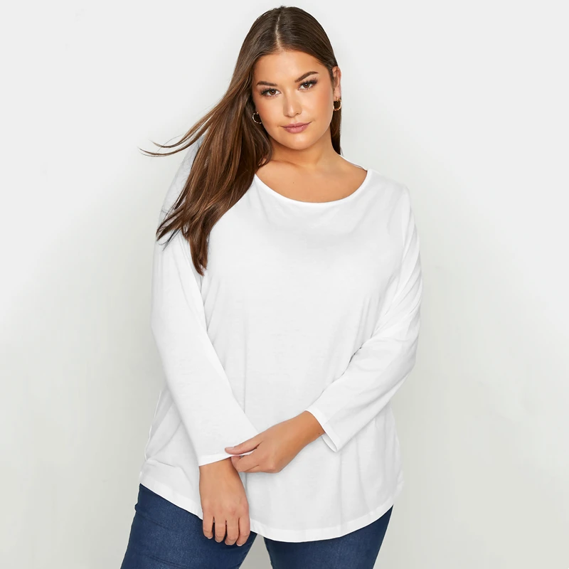 Plus Size Spring Autumn Elegant Cotton T-shirt Long Sleeve Solid White Basic Tops Tee Large Size Casual Blouse 4XL 5XL 6XL 7XL